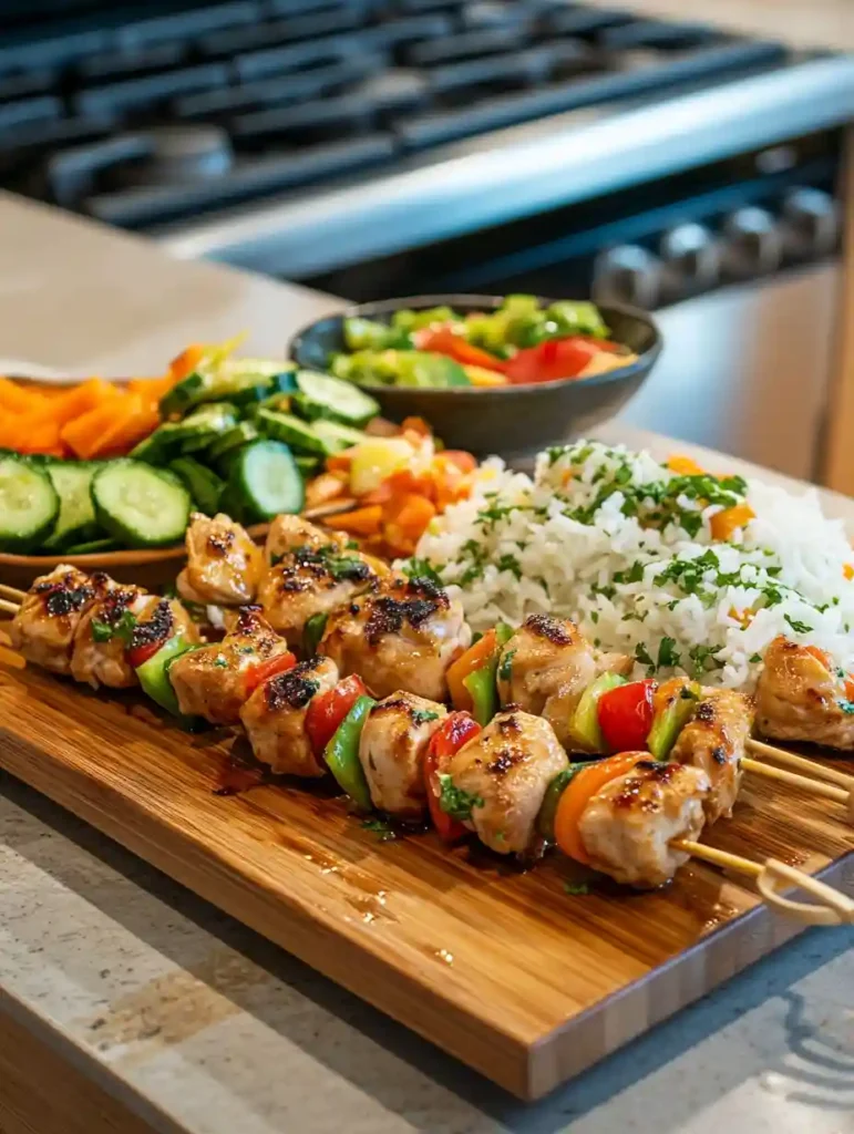 Irresistible Bang Bang Chicken Skewers Easy & Flavorful 5 Bang Bang Chicken Skewers served with rice, salad, and grilled veggies on a kitchen island.