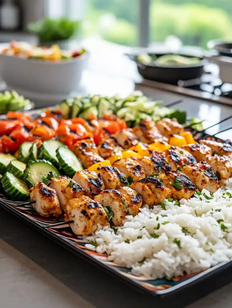 Irresistible Bang Bang Chicken Skewers Easy & Flavorful 4 Bang Bang Chicken Skewers served with rice, salad, and grilled veggies on a kitchen island.