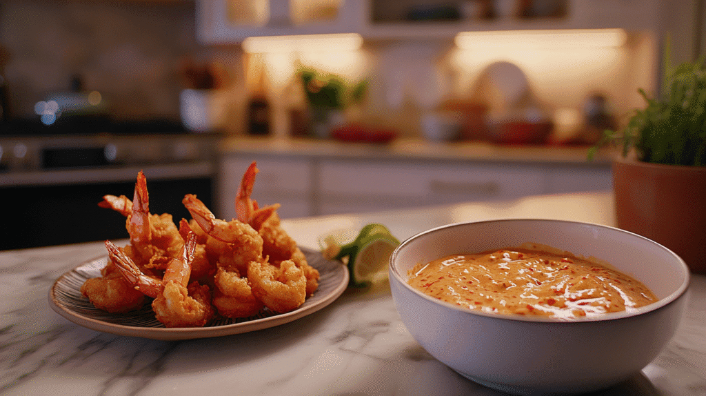 Ultimate Bang Bang Sauce Recipe 1 A bowl of Bang Bang Sauce with fresh ingredients and crispy shrimp