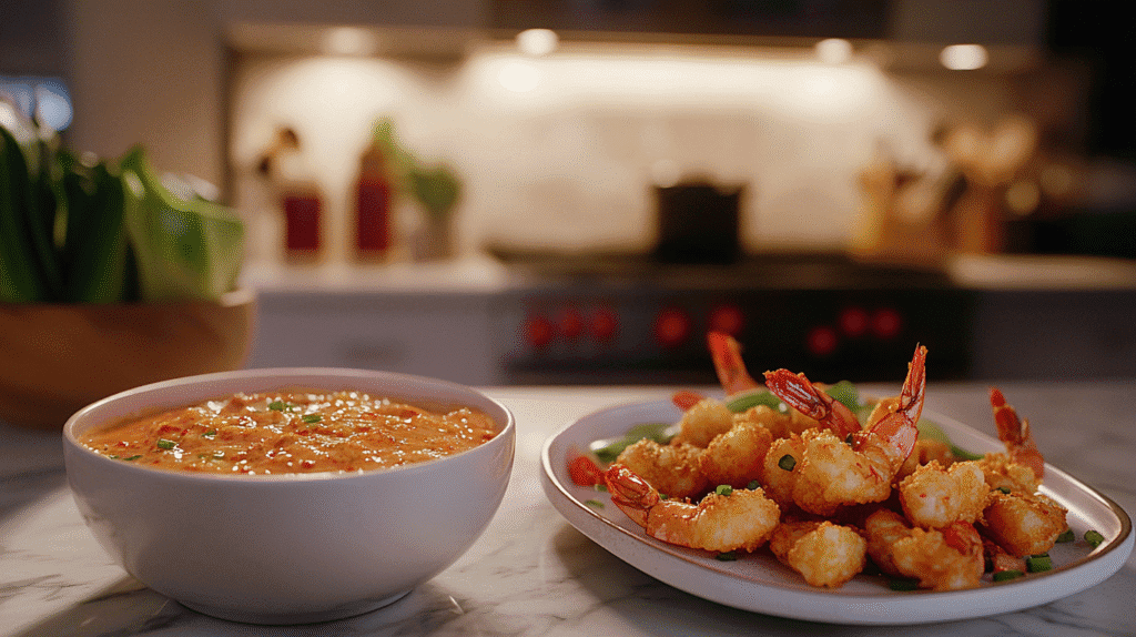 A bowl of Bang Bang Sauce with fresh ingredients and crispy shrimp in a modern kitchen.