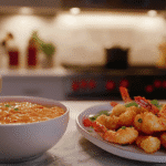 A bowl of Bang Bang Sauce with fresh ingredients and crispy shrimp in a modern kitchen.