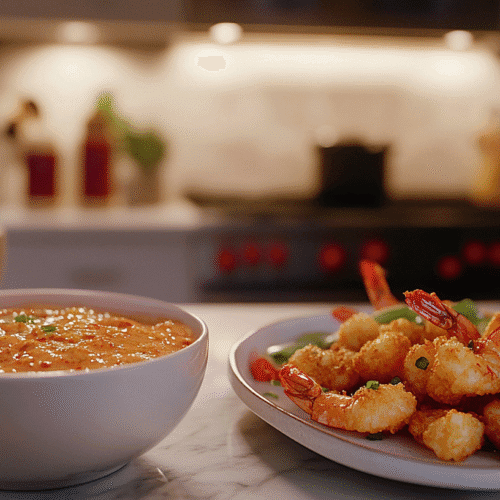 Ultimate Bang Bang Sauce Recipe 5 A bowl of Bang Bang Sauce with fresh ingredients and crispy shrimp in a modern kitchen.