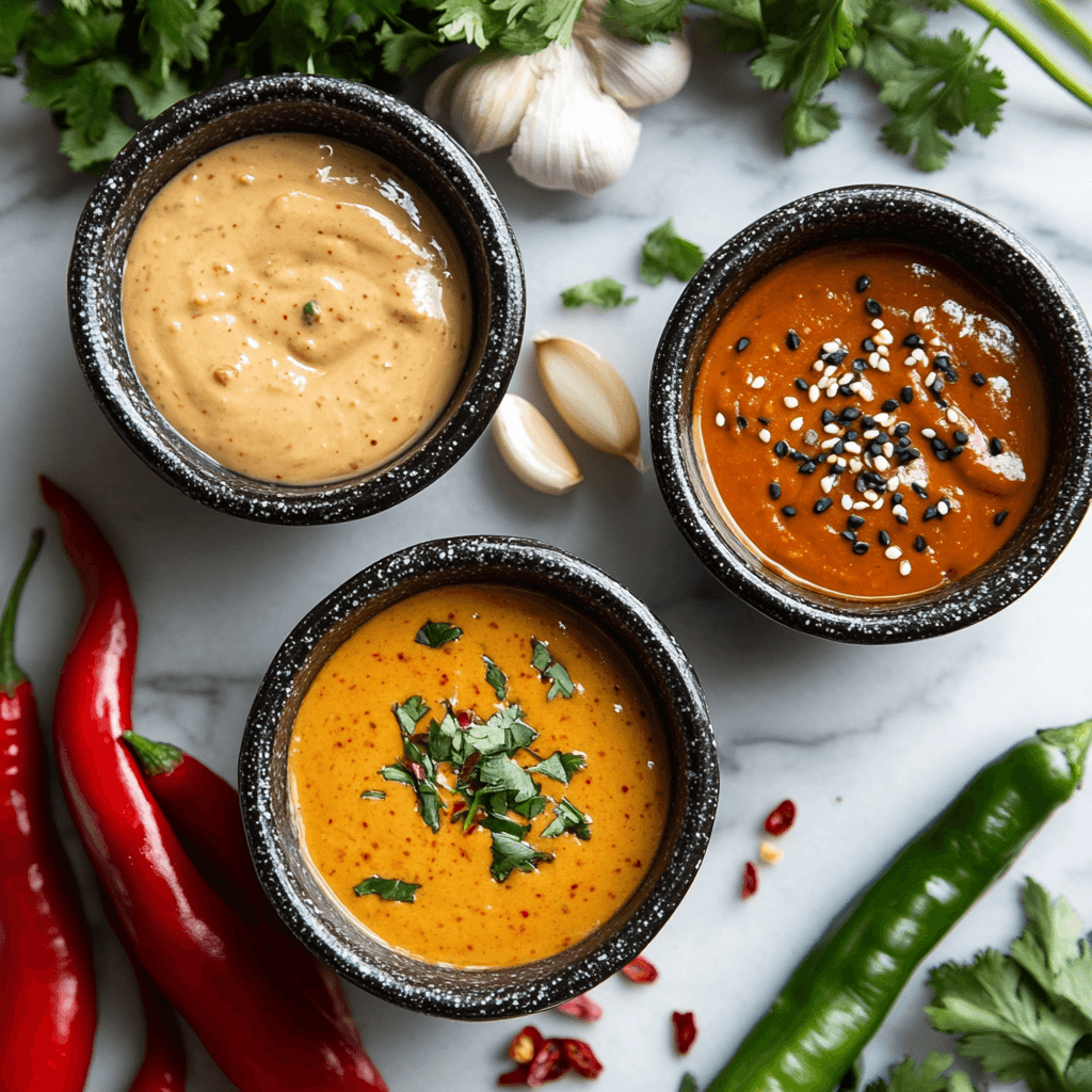 Ultimate Bang Bang Sauce Recipe 3 three different versions of Bang Bang Sauce on a kitchen counter with fresh ingredients.