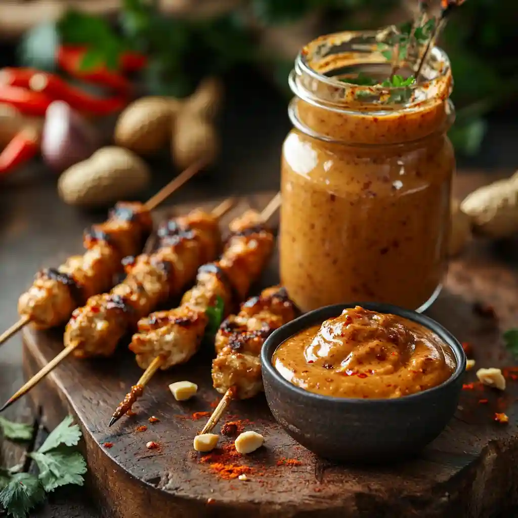 Irresistible Bang Bang Chicken Skewers Easy & Flavorful 2 Asian spices, peanut butter, and Bang Bang sauce displayed on a wooden table in a modern kitchen.