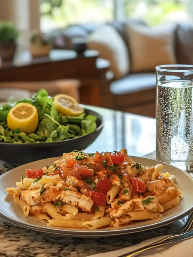 Delicious & Easy Bruschetta Chicken Pasta Recipe to Try Now 5 Bruschetta chicken pasta served with salad and sparkling water with lemon in a modern home kitchen dining setup