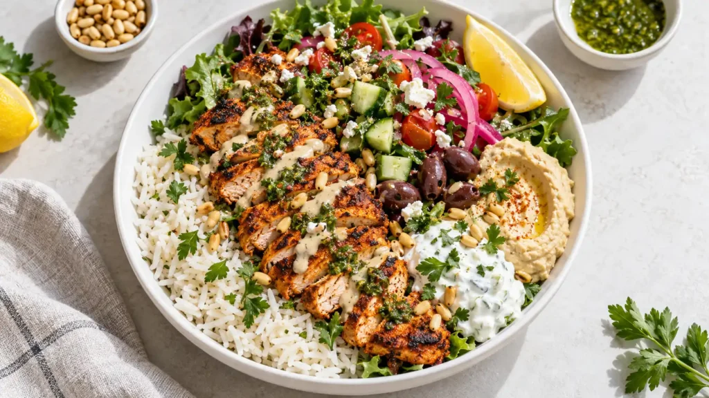 Cava Harissa Chicken Bowl with sliced harissa chicken over rice and mixed greens, hummus, tzatziki, cucumbers, tomatoes, olives, pickled onions, pine nuts, and a lemon wedge.