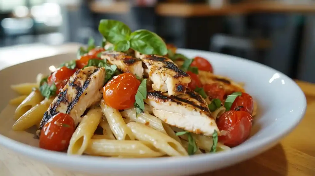 Delicious & Easy Bruschetta Chicken Pasta Recipe to Try Now 1 Classic bruschetta chicken pasta with penne, cherry tomatoes, basil, and grilled chicken on a white plate in a bright kitchen