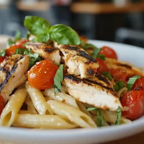 Delicious & Easy Bruschetta Chicken Pasta Recipe to Try Now 6 Classic bruschetta chicken pasta with penne, cherry tomatoes, basil, and grilled chicken on a white plate in a bright kitchen
