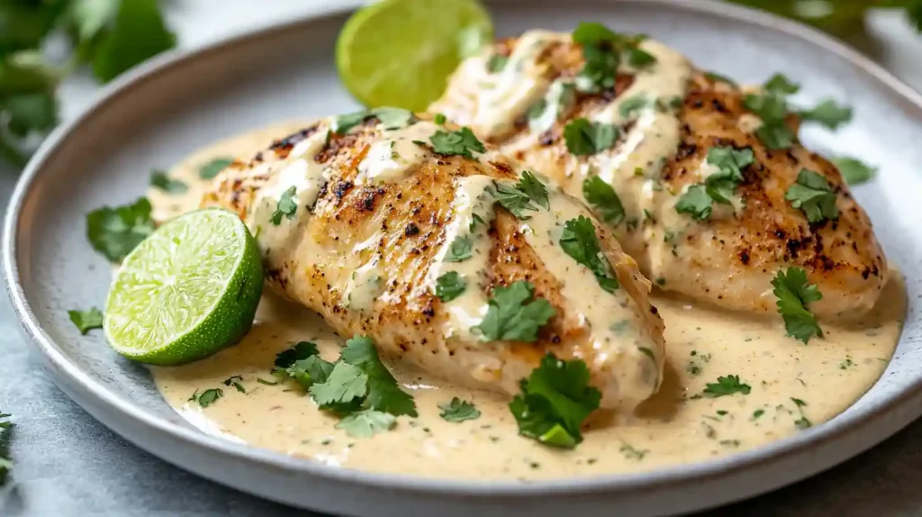 Irresistible Coconut Lime Chicken Recipe A Tropical Delight 1 Coconut Lime Chicken with creamy sauce served on a plate in a modern kitchen with fresh cilantro and lime.