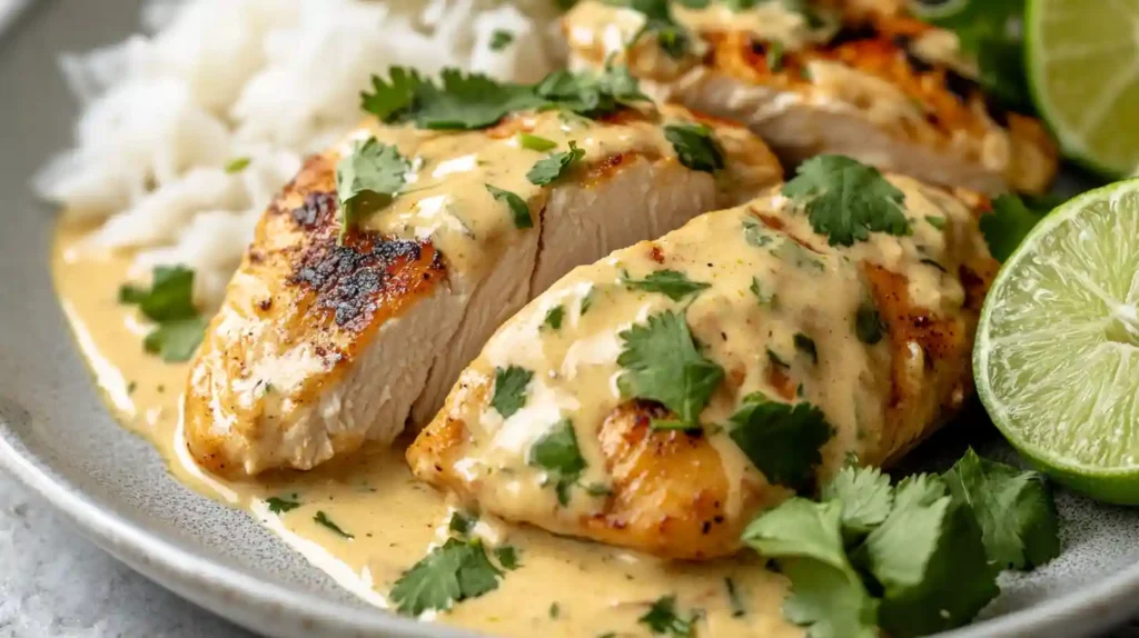 Coconut Lime Chicken with creamy sauce served on a plate in a modern kitchen with fresh cilantro and lime.