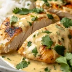 Coconut Lime Chicken with creamy sauce served on a plate in a modern kitchen with fresh cilantro and lime.
