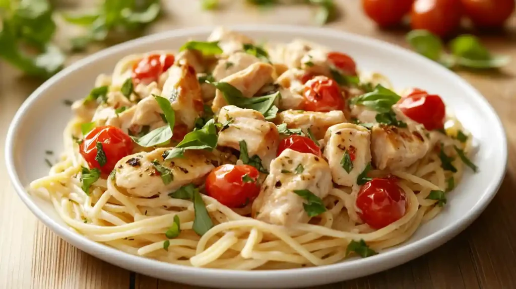 Plate of creamy bruschetta chicken pasta garnished with basil and cherry tomatoes on wooden table in bright kitchen