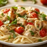Plate of creamy bruschetta chicken pasta garnished with basil and cherry tomatoes on wooden table in bright kitchen