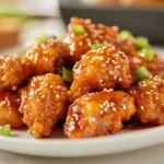 Crispy baked orange chicken with sesame seeds, green onions, served in a modern kitchen