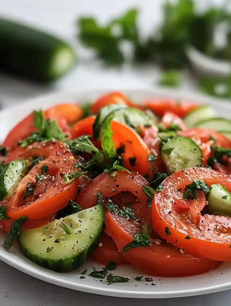 Refreshing Cucumber Tomato Salad Healthy & Flavorful Delight 5 A well-presented cucumber tomato salad with herbs on a white plate in a modern kitchen.