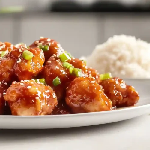 Easy & Authentic Chinese Orange Chicken Recipe 6 Crispy Chinese Orange Chicken served with rice in a modern kitchen