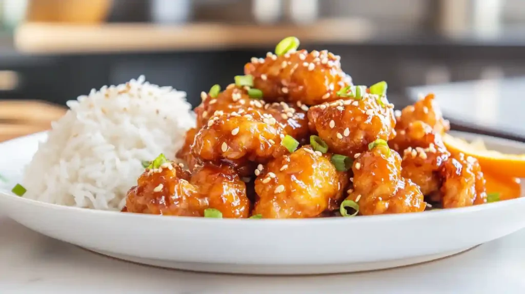 Easy & Authentic Chinese Orange Chicken Recipe 2 Chinese Orange Chicken served with rice in a modern kitchen.
