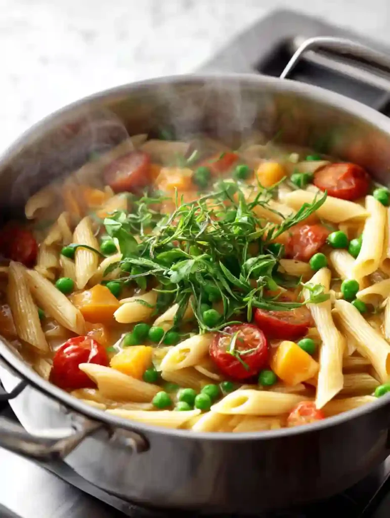 Pasta Primavera Made 3 Delicious Ways 5 One-pot Pasta Primavera with penne, peas, cherry tomatoes, and creamy sauce cooking in a single pot