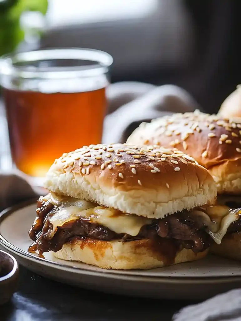Irresistible French Dip Sliders: The Perfect Party Snack! 5 French Dip Sliders plated with iced tea and a dipping sauce on the side in a cozy dining room.