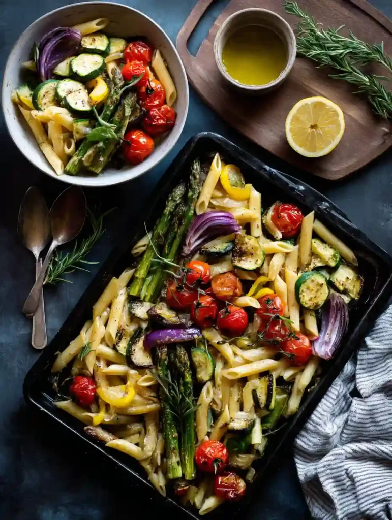 Pasta Primavera Made 3 Delicious Ways 4 Roasted Pasta Primavera with caramelized asparagus, cherry tomatoes, and squash in a baking dish