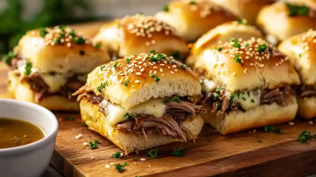 Close-up of freshly made French Dip sliders with roast beef, provolone cheese, and a dipping sauce in a cozy kitchen setting.