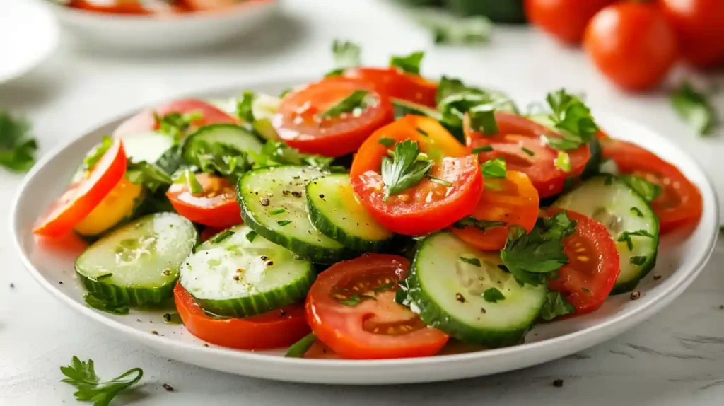 Refreshing Cucumber Tomato Salad Healthy & Flavorful Delight 1 A vibrant cucumber tomato salad with fresh herbs in a modern kitchen setting.