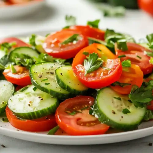 Refreshing Cucumber Tomato Salad Healthy & Flavorful Delight 6 A vibrant cucumber tomato salad with fresh herbs in a modern kitchen setting.