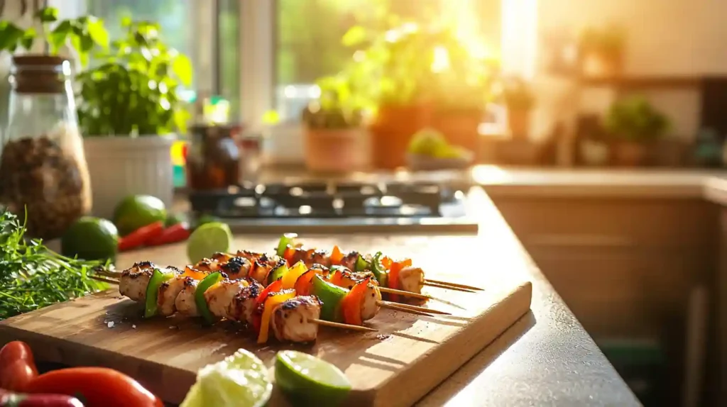 Irresistible Bang Bang Chicken Skewers Easy & Flavorful 1 Bang Bang Chicken Skewers on wooden board with fresh lime and spices in a bright modern kitchen.
