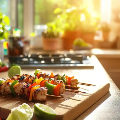 Irresistible Bang Bang Chicken Skewers Easy & Flavorful 6 Bang Bang Chicken Skewers on wooden board with fresh lime and spices in a bright modern kitchen.