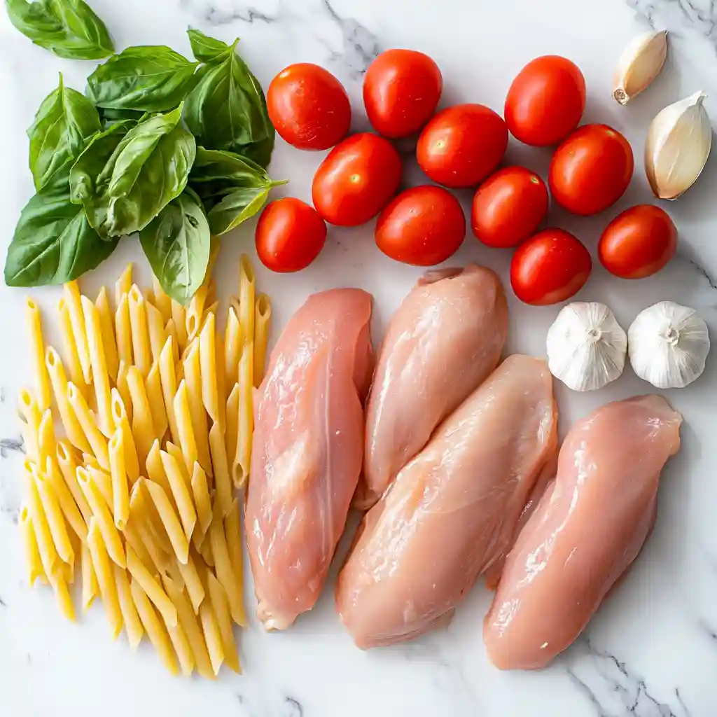 Delicious & Easy Bruschetta Chicken Pasta Recipe to Try Now 3 Fresh ingredients for bruschetta chicken pasta including chicken, tomatoes, basil, and penne pasta