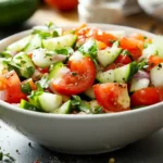 A fresh bowl of Marinated Cucumbers Onions and Tomatoes in a contemporary kitchen.