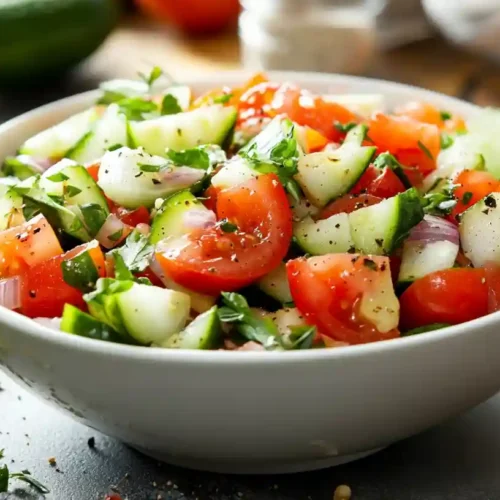 Fresh & Healthy Marinated Cucumbers, Onions and Tomatoes 6 A fresh bowl of Marinated Cucumbers Onions and Tomatoes in a contemporary kitchen.