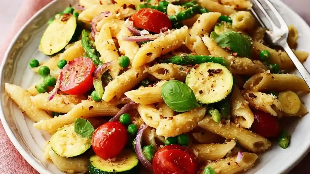 Plate of Pasta Primavera with zucchini, peas, cherry tomatoes, and penne pasta
