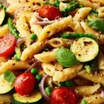 Plate of Pasta Primavera with zucchini, peas, cherry tomatoes, and penne pasta