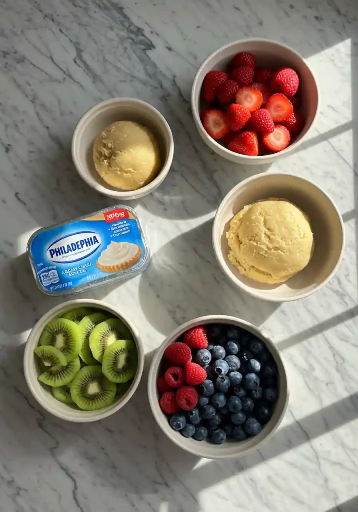 Irresistible Fruit Pizza Recipe – Easy & Crowd-Favorite! 2 Cream cheese, cookie dough, and fresh fruit laid out for fruit pizza