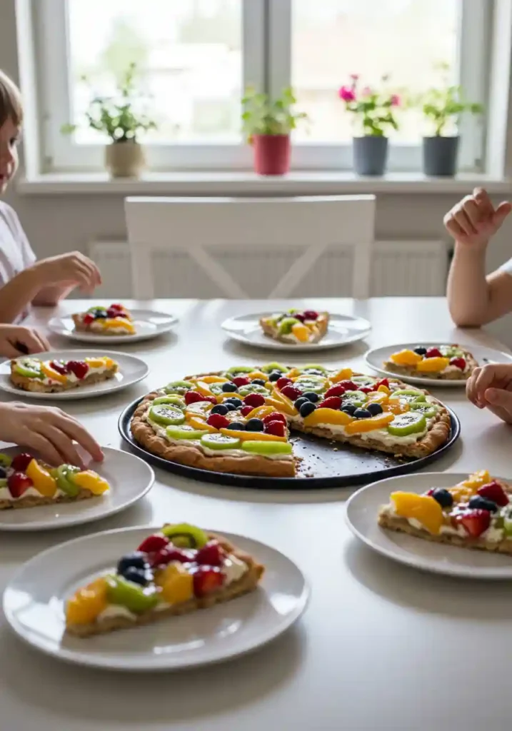 Irresistible Fruit Pizza Recipe – Easy & Crowd-Favorite! 4 Sliced fruit pizza on a dining table in a family kitchen