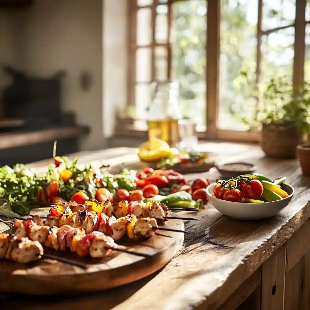 Delicious BBQ Chicken Skewer Salad Recipe for Summer Bliss 2 BBQ chicken skewers and fresh vegetables on a rustic table in a modern kitchen, showcasing the roots of BBQ chicken skewer salad.