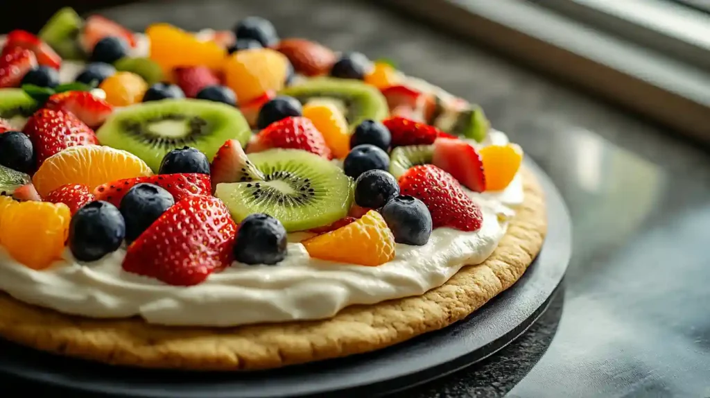 Realistic fruit pizza with fresh fruit and cookie crust in a home kitchen