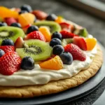Realistic fruit pizza with fresh fruit and cookie crust in a home kitchen