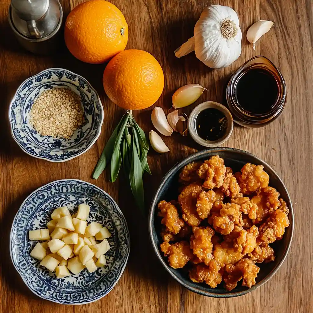 Easy & Authentic Chinese Orange Chicken Recipe 3 Authentic Chinese Orange Chicken ingredients laid out in a modern kitchen.