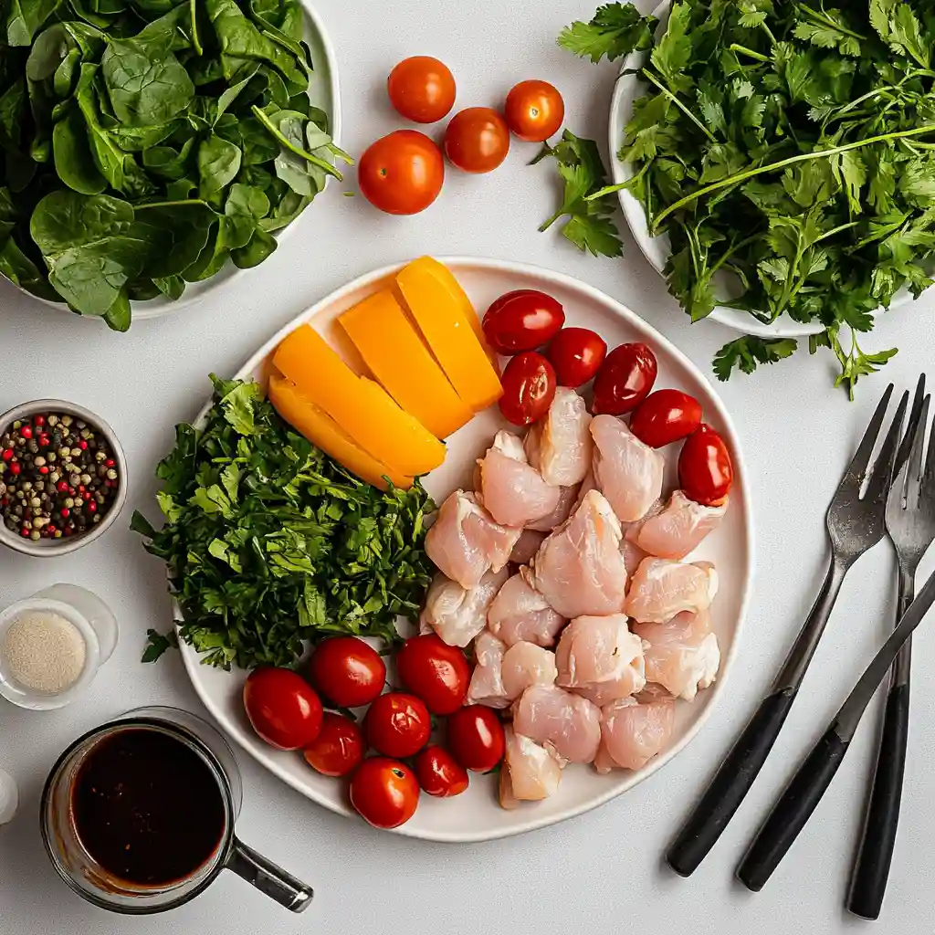 Delicious BBQ Chicken Skewer Salad Recipe for Summer Bliss 3 Fresh chicken, vegetables, herbs, BBQ sauce, and utensils ready to prepare BBQ chicken skewer salad on a modern kitchen counter.