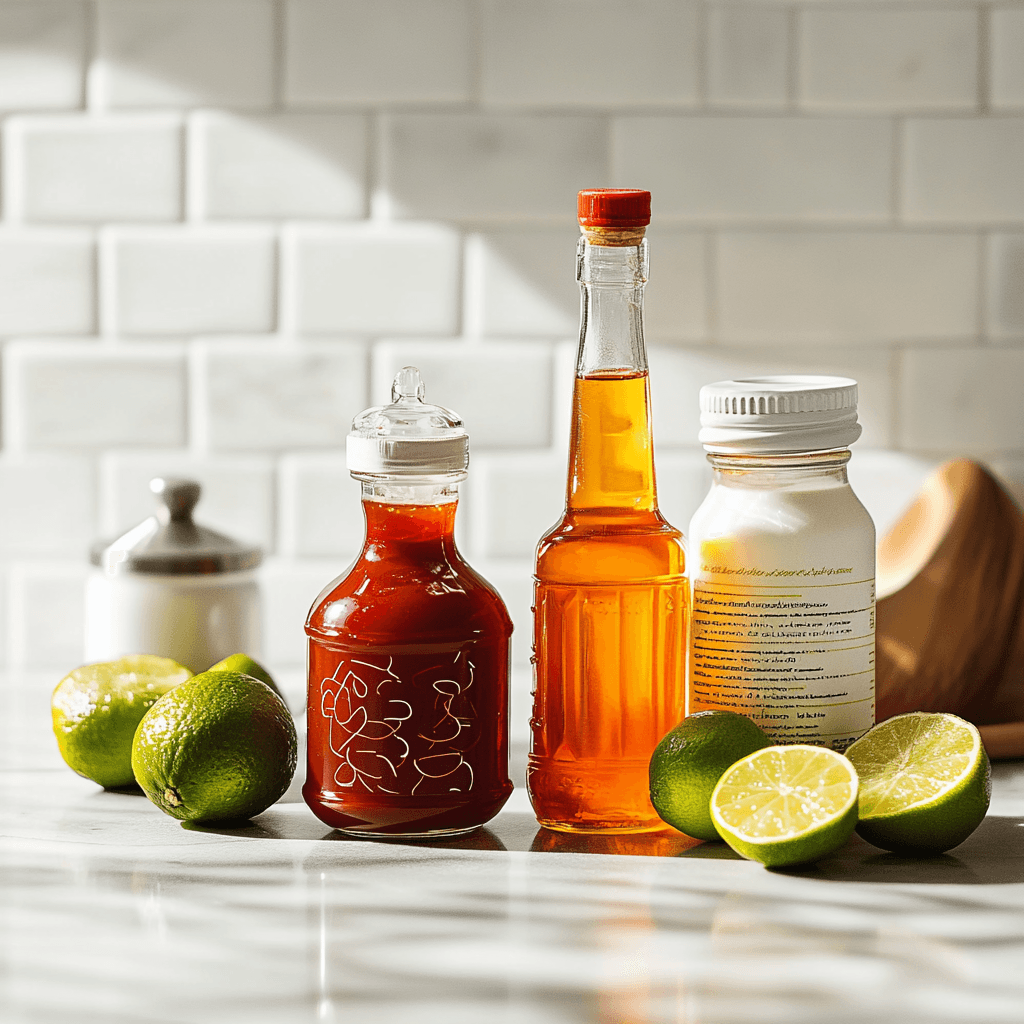 Ultimate Bang Bang Sauce Recipe 2 Ingredients for Bang Bang Sauce including chili sauce, sweet sauce, mayonnaise, and fresh limes on a modern kitchen countertop.