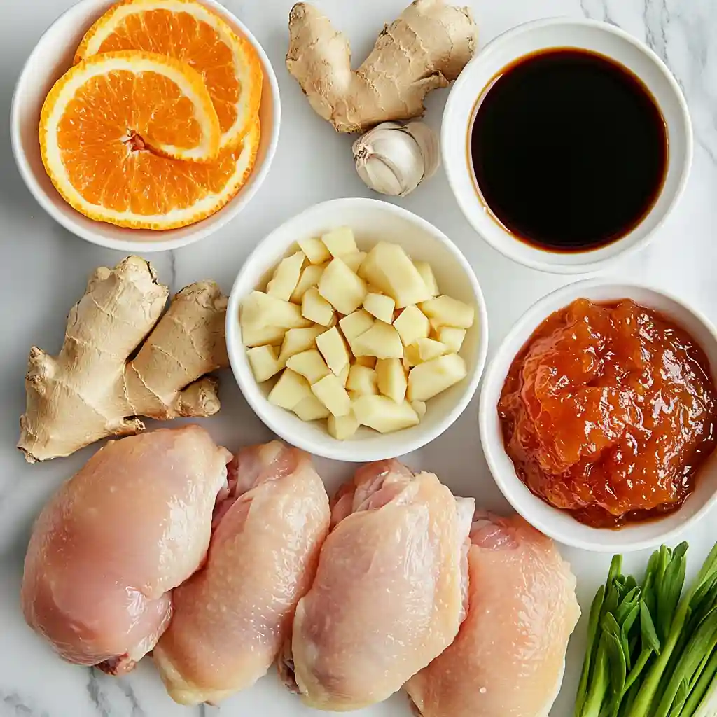 Irresistible Crispy Baked Orange Chicken – Healthy & Delicious 3 Ingredients for crispy baked orange chicken including chicken thighs, orange marmalade, and soy sauce on a kitchen counter.