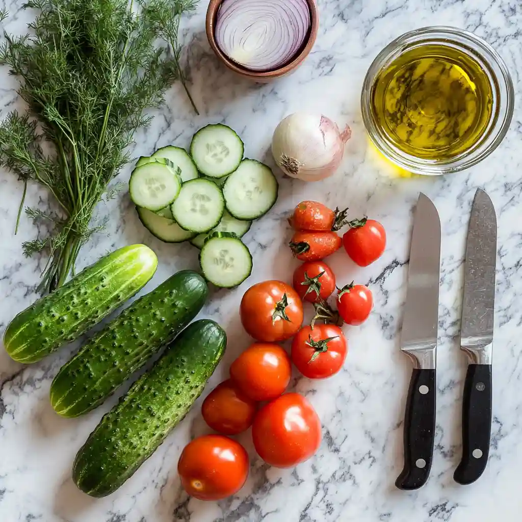 Refreshing Cucumber Tomato Salad Healthy & Flavorful Delight 3 Fresh cucumbers, tomatoes, and onions on a kitchen countertop, with a knife and bowl.