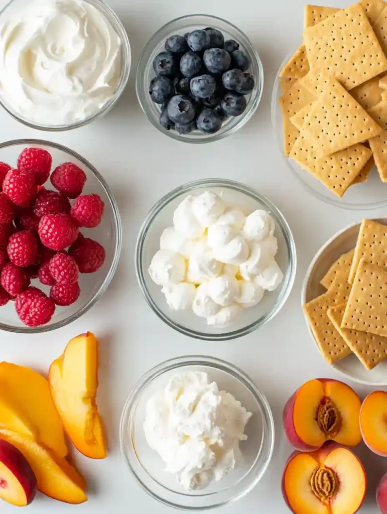 Easy Summer Berry and Peach Cheesecake No-Bake Delight 2 Fresh peaches, berries, cream cheese, and graham crackers laid out for Summer Berry and Peach Cheesecake.