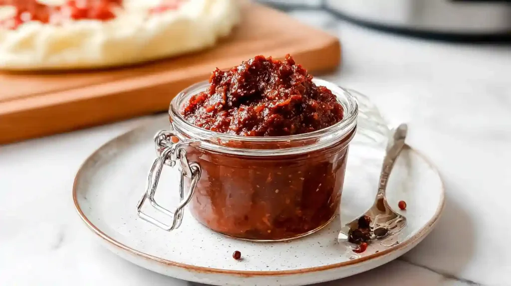 Sealed glass jar filled with Hello Fresh Tex Mex paste on a ceramic plate
