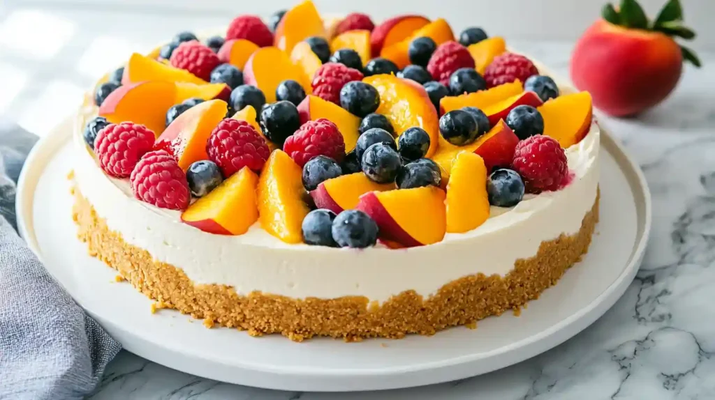 Easy Summer Berry and Peach Cheesecake No-Bake Delight 1 A fresh, creamy no-bake summer berry and peach cheesecake topped with vibrant fruits.