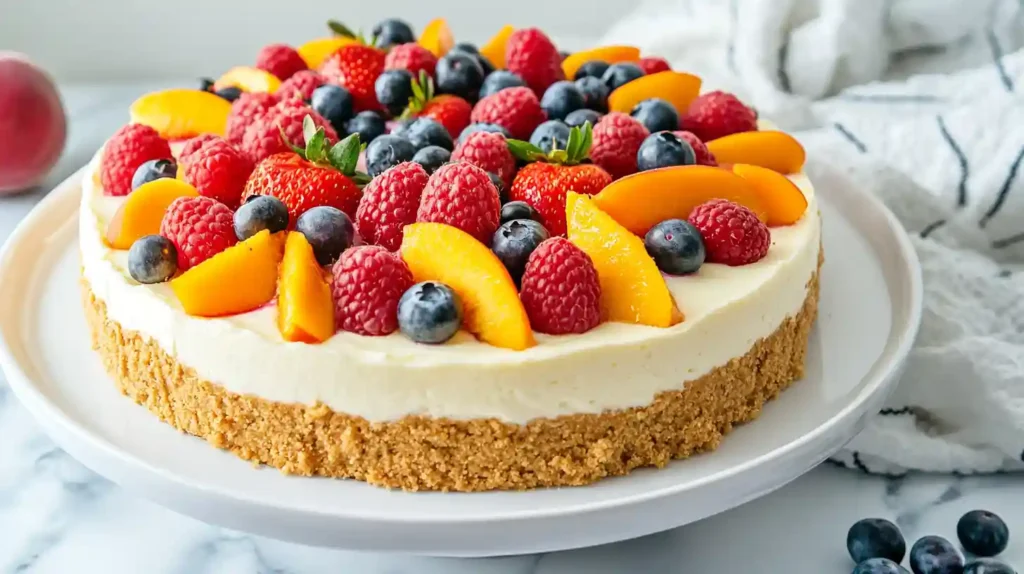A fresh, creamy no-bake summer berry and peach cheesecake topped with vibrant fruits.