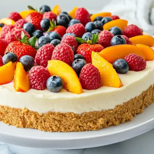 Easy Summer Berry and Peach Cheesecake No-Bake Delight 5 A fresh, creamy no-bake summer berry and peach cheesecake topped with vibrant fruits.