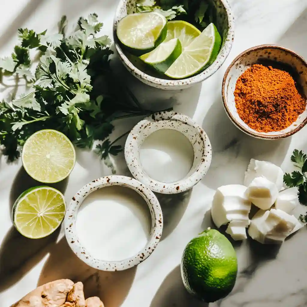 Irresistible Coconut Lime Chicken Recipe A Tropical Delight 2 Coconut Lime Chicken ingredients including coconut milk, lime, and spices displayed on a modern kitchen countertop.